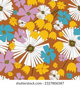 Colorful seamless floral pattern inspired by retro 70s fashion, ideal for textiles, wallpapers, packaging and nostalgic graphic projects.