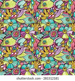 Colorful seamless floral pattern with lizards