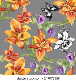 Colorful Seamless floral pattern on gray background with butterflies vector illustration