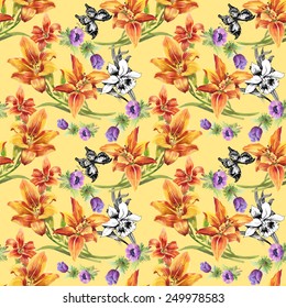 Colorful Seamless floral pattern on yellow background with butterflies vector illustration