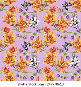 Colorful Seamless floral pattern on violet background with butterflies vector illustration