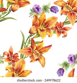 Colorful Seamless floral pattern on white background with butterflies vector illustration