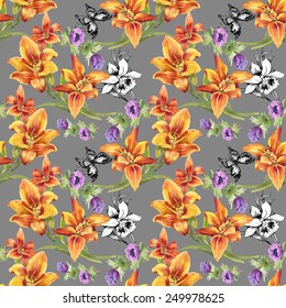 Colorful Seamless floral pattern on gray background with butterflies vector illustration