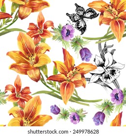 Colorful Seamless floral pattern on white background with butterflies vector illustration