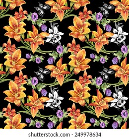 Colorful Seamless floral pattern on black background with butterflies vector illustration