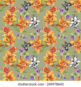 Colorful Seamless floral pattern on green background with butterflies vector illustration