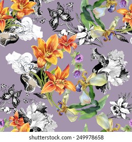 Colorful Seamless floral pattern on purple background with butterflies vector illustration
