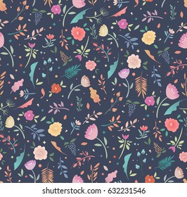 Colorful seamless floral pattern on a dark background. Bright flowers and leaves, flat design. Background for fabric, paper, children's clothing.
