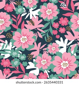 Colorful seamless floral pattern with pink daisy-like flowers and green foliage on a navy background. Includes blooming daisy flowers with leaves in vibrant colors. Great for fabric prints, gift wrap,