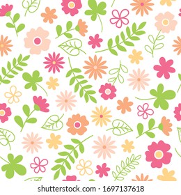Colorful seamless floral pattern with spring flowers and leaves. Blossom colorful vector background. Pastel green, pink, orange, peach colors.