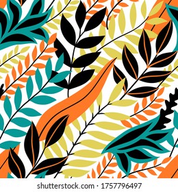 Colorful seamless floral pattern. Stylish summer background with bright tropical leaves.