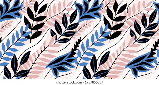 Colorful seamless floral pattern. Stylish summer background with bright tropical leaves.