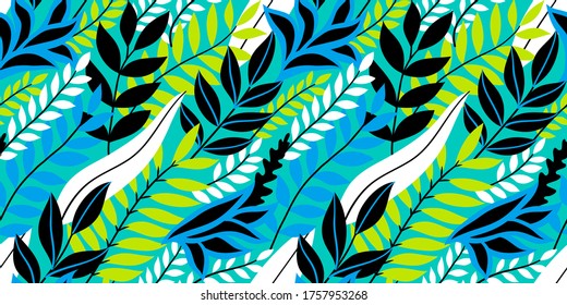 Colorful seamless floral pattern. Stylish summer background with bright tropical leaves.