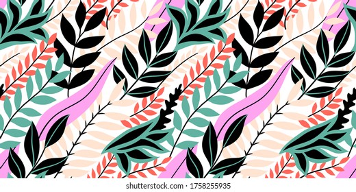 Colorful seamless floral pattern. Stylish summer background with bright tropical leaves.