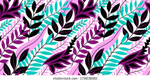 Colorful seamless floral pattern. Stylish summer background with bright tropical leaves.