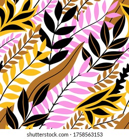 Colorful seamless floral pattern. Stylish summer background with bright tropical leaves.