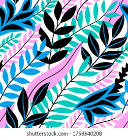 Colorful seamless floral pattern. Stylish summer background with bright tropical leaves.