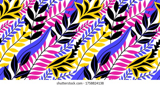 Colorful seamless floral pattern. Stylish summer background with bright tropical leaves.
