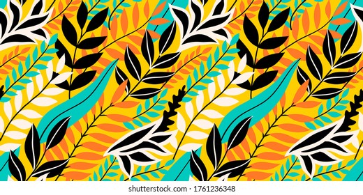 Colorful seamless floral pattern. Stylish summer background with bright tropical leaves.