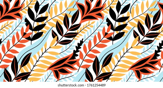 Colorful seamless floral pattern. Stylish summer background with bright tropical leaves.