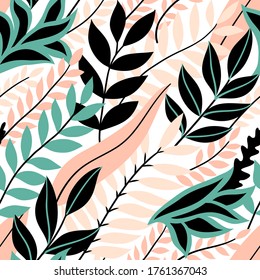 Colorful seamless floral pattern. Stylish summer background with bright tropical leaves.