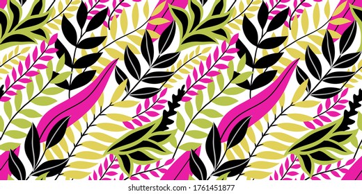 Colorful seamless floral pattern. Stylish summer background with bright tropical leaves.