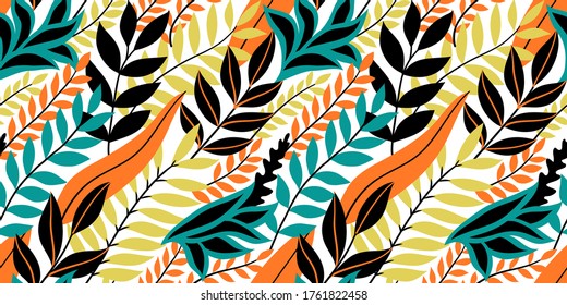 Colorful seamless floral pattern. Stylish summer background with bright tropical leaves.