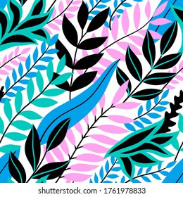 Colorful seamless floral pattern. Stylish summer background with bright tropical leaves.