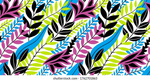 Colorful seamless floral pattern. Stylish summer background with bright tropical leaves.