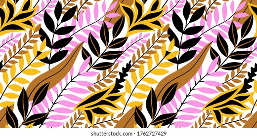Colorful seamless floral pattern. Stylish summer background with bright tropical leaves.