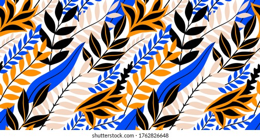 Colorful seamless floral pattern. Stylish summer background with bright tropical leaves.