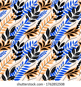 Colorful seamless floral pattern. Stylish summer background with bright tropical leaves.
