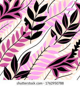 Colorful seamless floral pattern. Stylish summer background with bright tropical leaves.