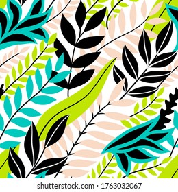 Colorful seamless floral pattern. Stylish summer background with bright tropical leaves.