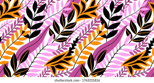 Colorful seamless floral pattern. Stylish summer background with bright tropical leaves.