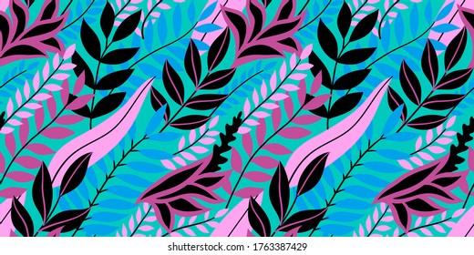 Colorful seamless floral pattern. Stylish summer background with bright tropical leaves.