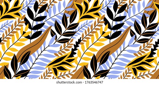 Colorful seamless floral pattern. Stylish summer background with bright tropical leaves.