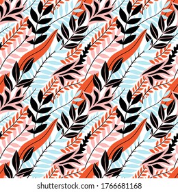 Colorful seamless floral pattern. Stylish summer background with bright tropical leaves.