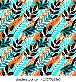 Colorful seamless floral pattern. Stylish summer background with bright tropical leaves.
