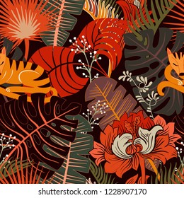 Colorful seamless floral pattern. Vector wallpaper with tropical plants and flowers. Colorful illustration for web, textile, fabric, cover, wrapping paper