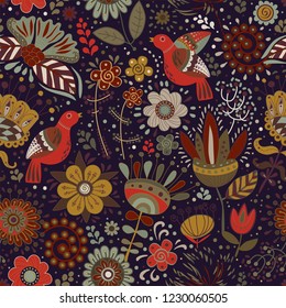 Colorful seamless floral pattern. Vector wallpaper with tropical plants and flowers. Colorful illustration for web, textile, fabric, wrapping paper