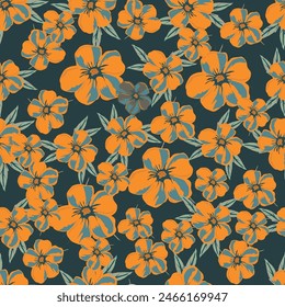 Colorful seamless floral pattern in warm (autumn) color palette. Forest plants collection - various flowers, berries, leaves. Template for postcards, fabrics, wrapping paper, creative design. Vector.