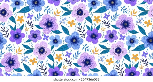 Colorido sem emenda floral roxo azul padrão verde com flores desenhadas à mão e folhas no branco. Ideal para estampas de tecido, papéis de parede, papel de presente, papelaria, têxteis e desenhos com tema de primavera ou verão