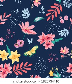 colorful seamless flower pattern on navy blue background