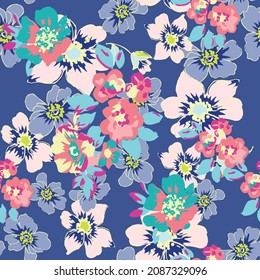 Colorful seamless flowers pattern spring botanical design. Liberty style. Floral seamless background for textile or book covers, manufacturing, wallpapers, print, gift wrap and scrapbooking.
