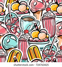 Colorful seamless food pattern. Ice creams, coffee, milkshake, cocktail elements. Sticker line art design for web or print background.