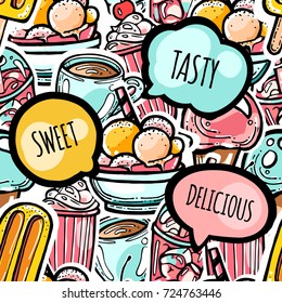 Colorful seamless food pattern . Ice creams, coffee, milkshake, cocktail and speech bubbles with phrases sweet, tasty, delicious. Sticker line art design for web or print background.