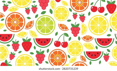 Colorful Seamless Fruit Pattern with Citrus Slices Watermelon Strawberries and Cherries