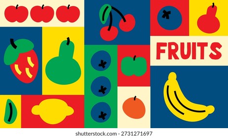 Farbiges nahtloses Fruchtmuster mit reifen und geschnittenen Früchten. Äpfel, Bananen, Zitrusfrüchte und Beeren in einer lebhaften handgezeichneten Zeichentrickkomposition.