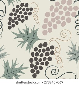 Colorful seamless fruit pattern with grapes and leaf in cloud dancer background.